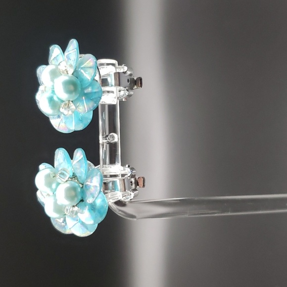 Vintage Icy Blue Pearl and Iridescent Beaded Earrings - Picture 2 of 4